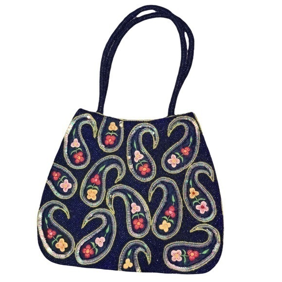 Vintage Handbags - Unique/Rare Vintage Navy Beaded/Sequin/Embroidered Floral Paisley Shoulder Bag